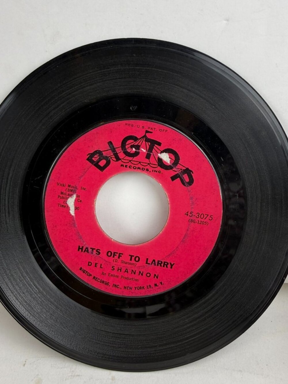 Del Shannon Hats Off To Larry / Don't Gild The Lily 7" Vinyl 45 RPM Bigtop 3075